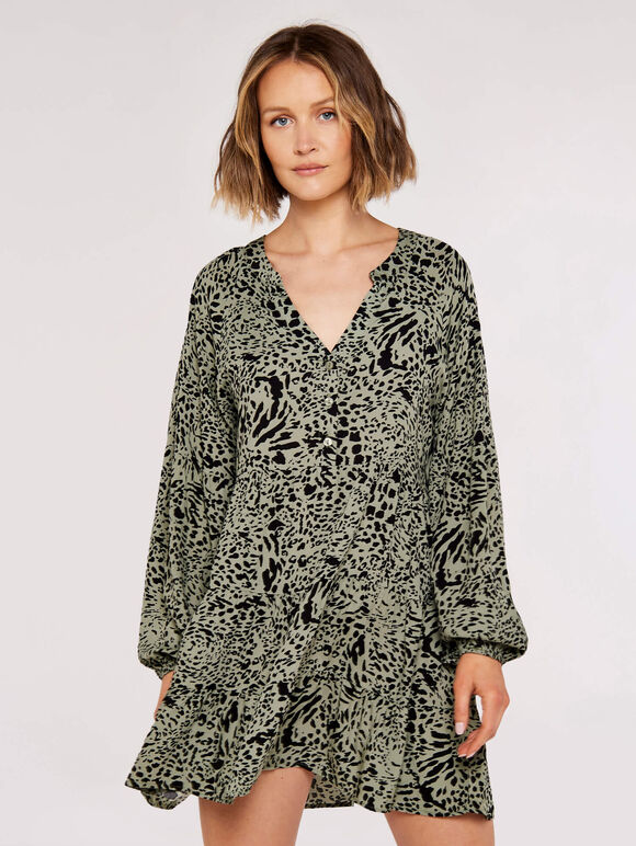 Animal Oversized Tier Dress, Khaki, large