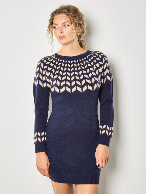 Chevron Knitted Mini Dress, Navy, large