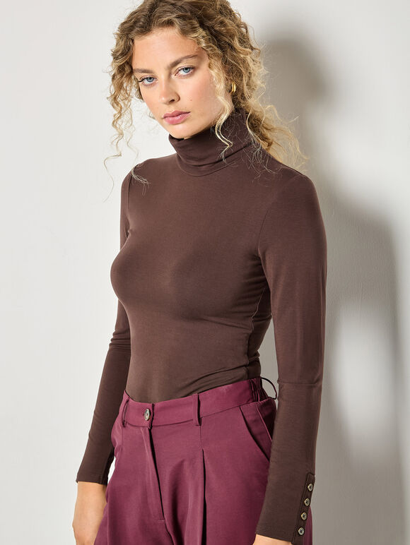 Turtle Neck Button Cuff Top, Brown, large