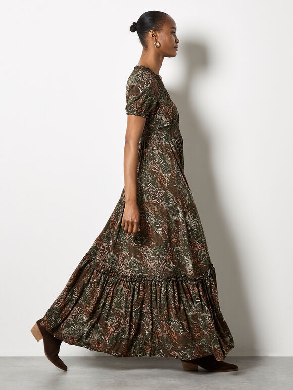 Peacock Feather Print Maxi Dress, Khaki, large