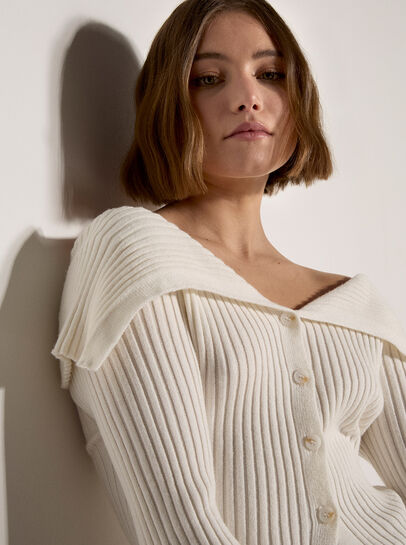 Wide Collar Ribbed Knit Cardigan