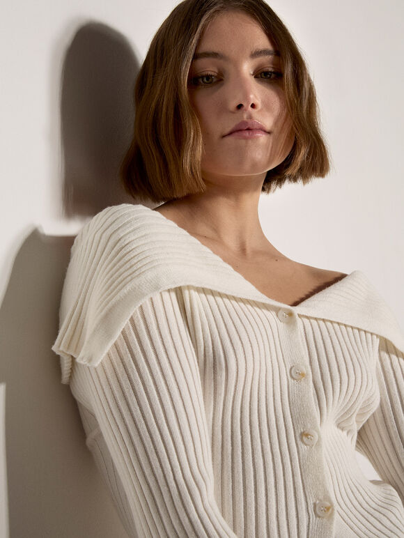Wide Collar Ribbed Knit Cardigan, Cream, large