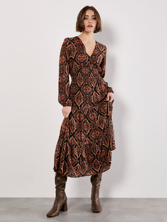 Smock Waist Tiered Dress, Rust, large