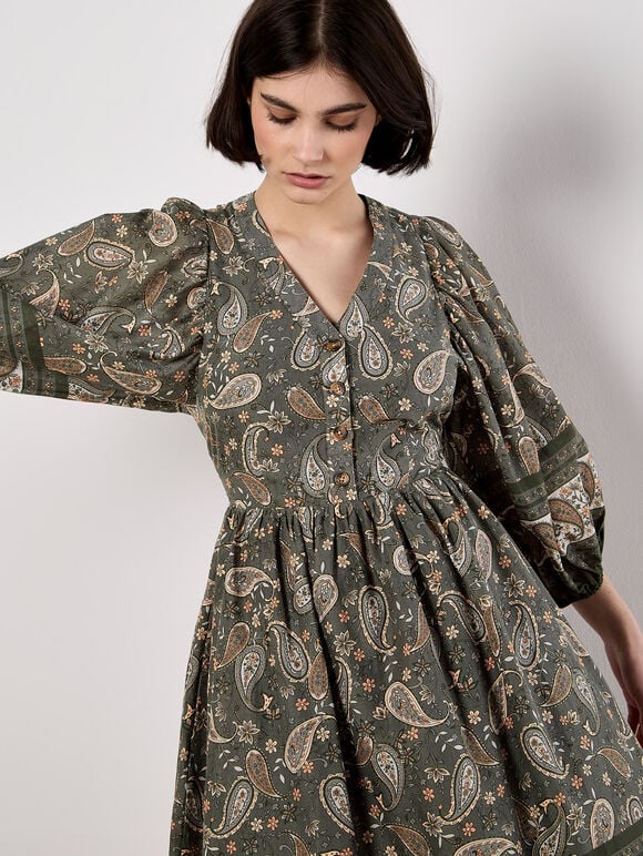 Paisley Print Mini Dress, Khaki, large