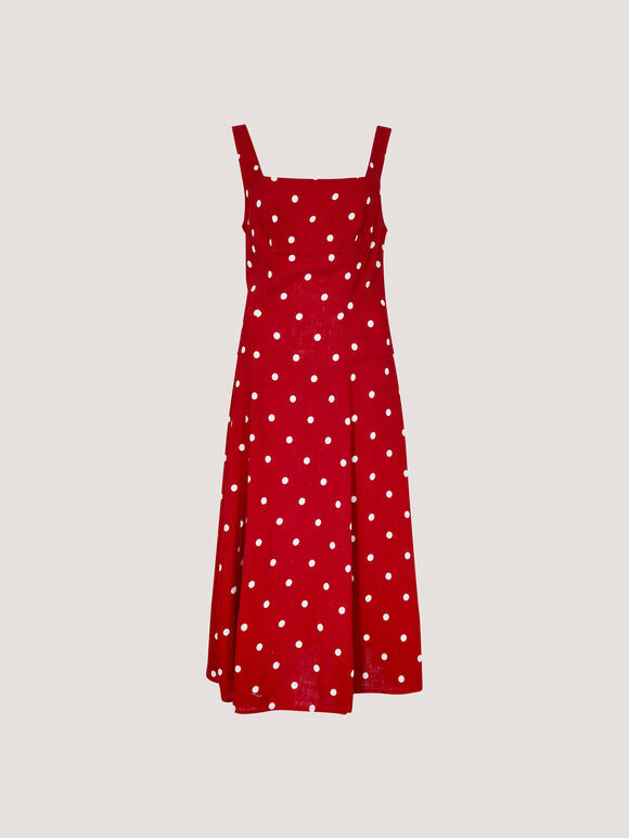 Linen Polka Dot Midi Dress, Red, large