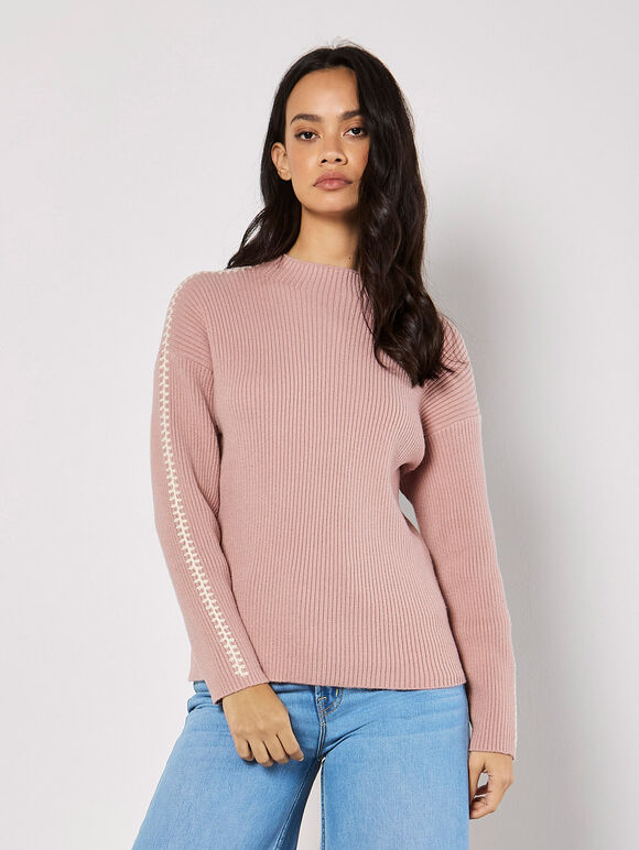 Blanket Stitch Ribbed Jumper, Pink, large