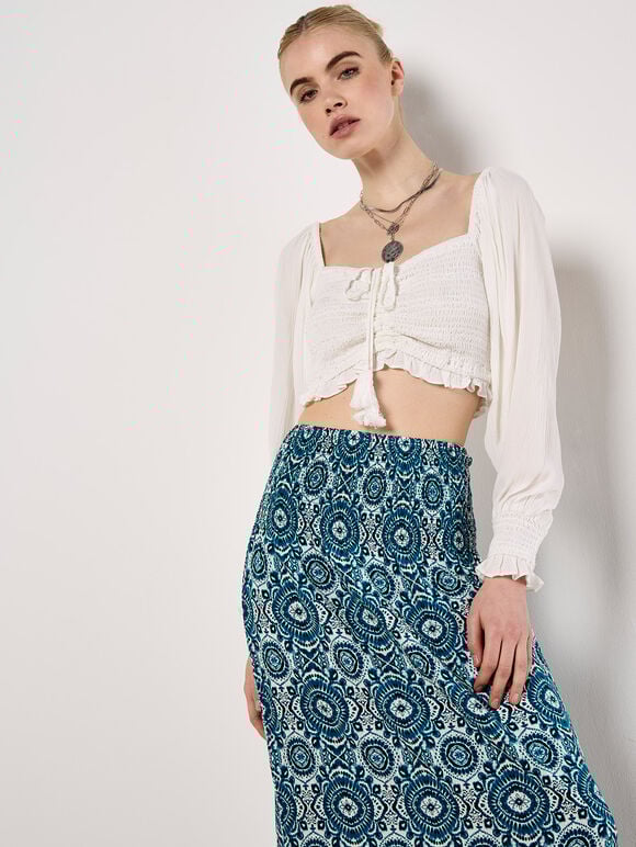 Batik Print Smocked Maxi Skirt, Blue, large