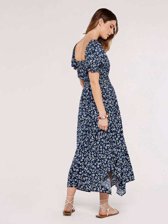 Sarasa Floral Milkmaid Midi Dress, Navy, large