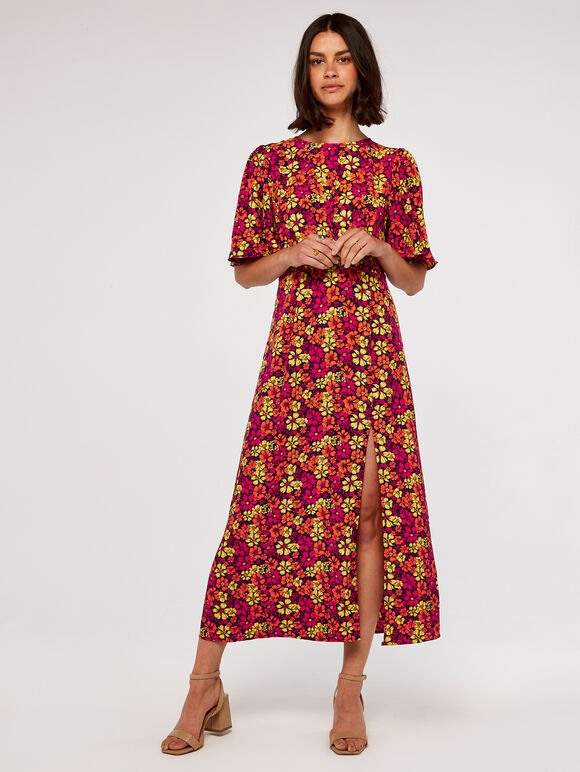 Floral Midi Dress, Orange, large