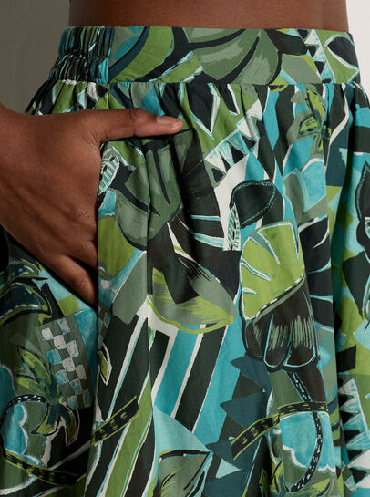 Tropical Leaf Patchwork Cotton Midi Skirt