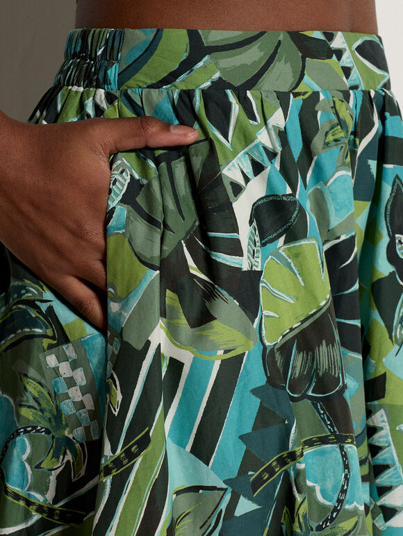 Tropical Leaf Patchwork Cotton Midi Skirt, Aqua - Turquoise, large