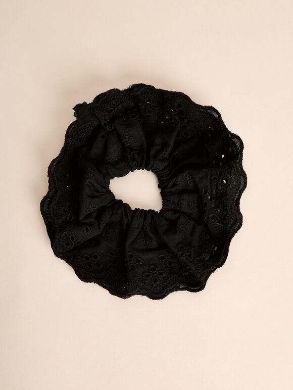Broderie Anglaise Scrunchie, Black, large