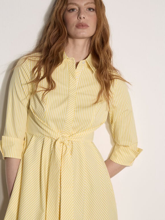 Cotton Stripe Shirt Mini Dress, Yellow, large