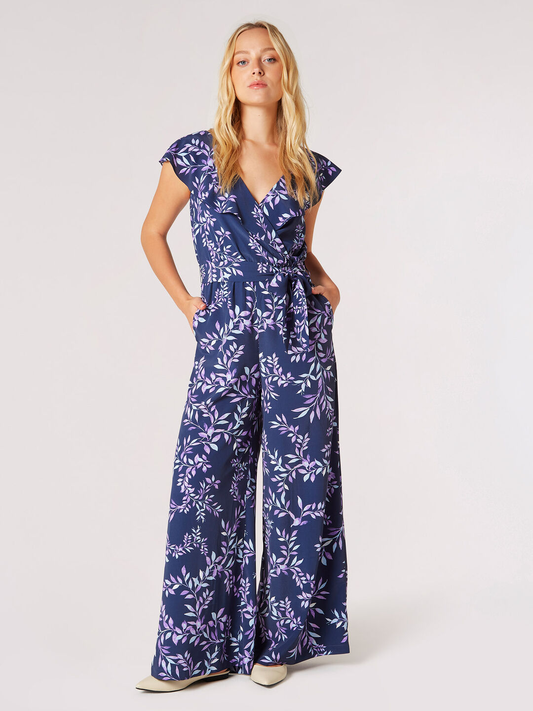 Image of Ruffle Wrap Leaf Palazzo Jumpsuit