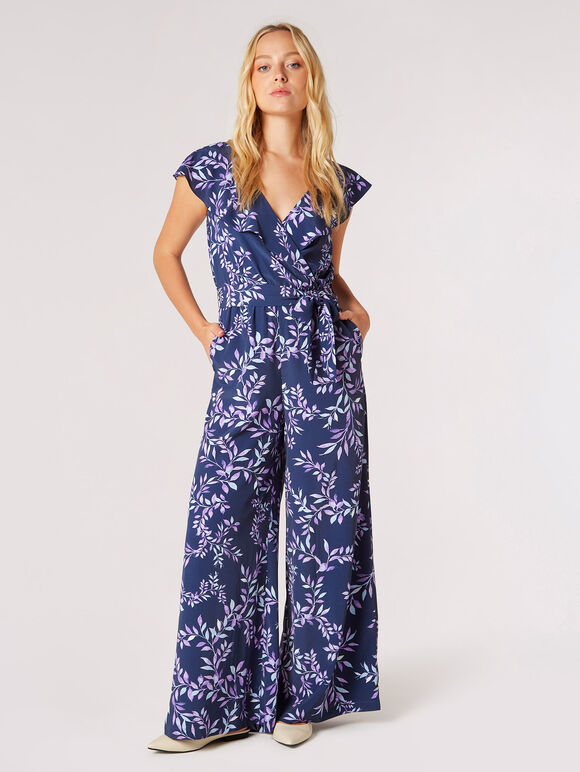 Ruffle Wrap Leaf Palazzo Jumpsuit, Navy, large