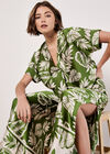 Tropical Leaf Print Satin Wide Leg Trousers, Green, large