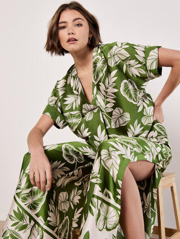 Tropical Leaf Print Satin Wide Leg Trousers, Green, large