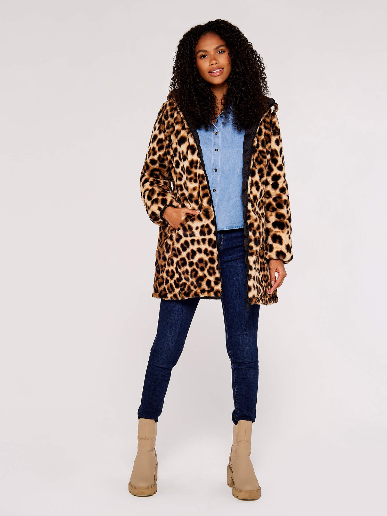 Leopard print fur clearance jacket with hood