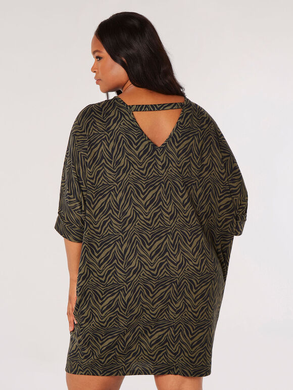 Curve Zebra Cocoon Mini Dress, Khaki, large
