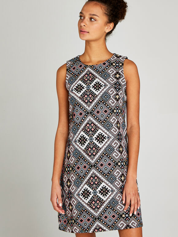 Black Tribal Jacquard Shift Dress, Black, large