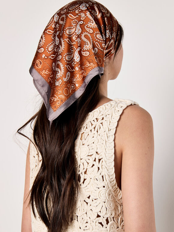 Satin Printed Scarf, Orange, large