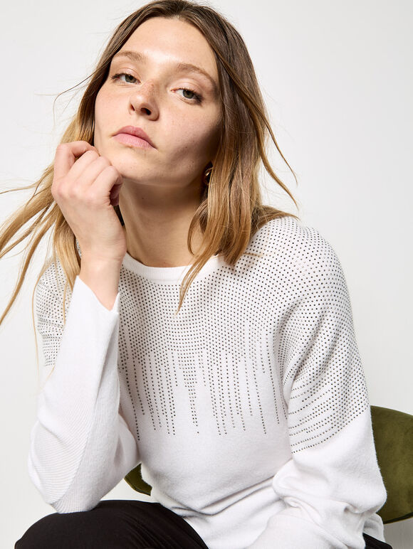 Stud Embellished Batwing Jumper, White, large