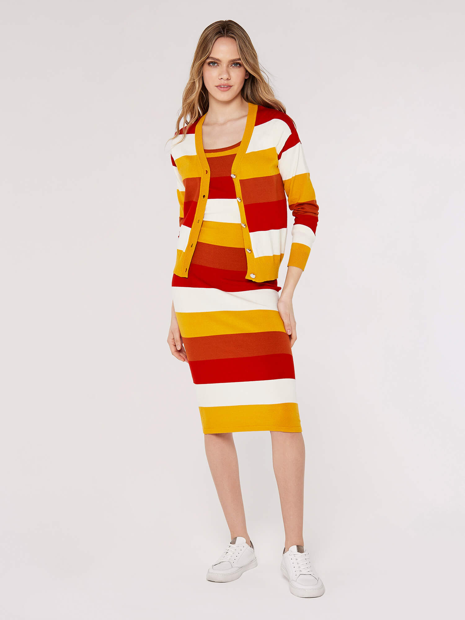 Striped Bodycon Midi Dress Apricot Clothing