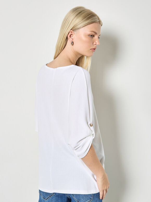 Waffle Knit Button Detail Top, White, large