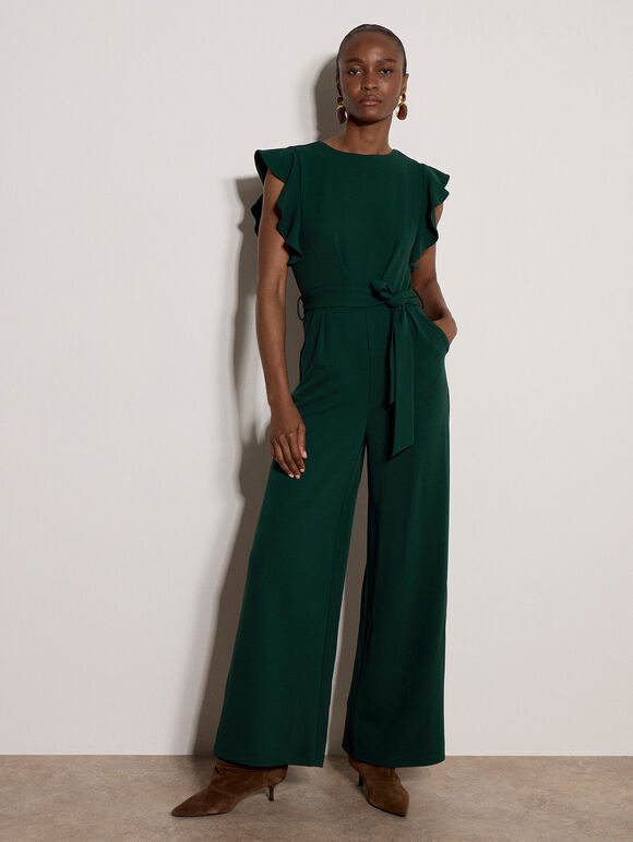 Ruffle Sleeve Jersey Jumpsuit, Pine Green, large