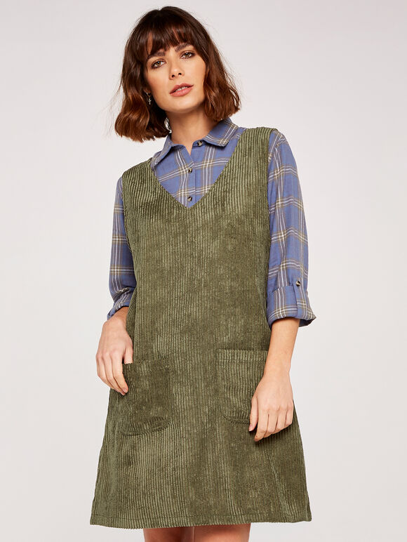 Corduroy 2 Pocket Pinafore Dress, Khaki, large