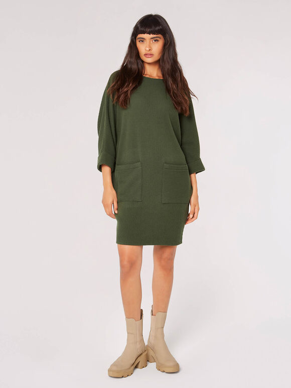 Ribbed Knit Cocoon Mini Dress, Green, large
