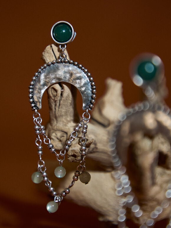 Silver Tone Moon Drop Earrings, Silver, large