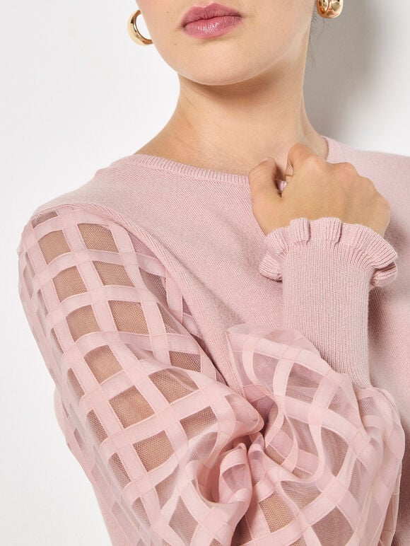 Contrast Organza Sleeves Jumper, Pink, large