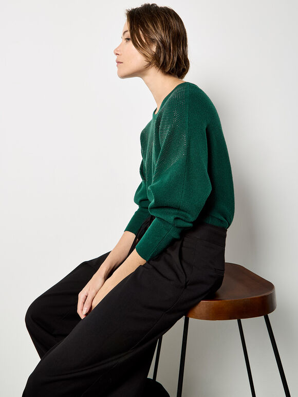 Stud Embellished Batwing Jumper, Green, large