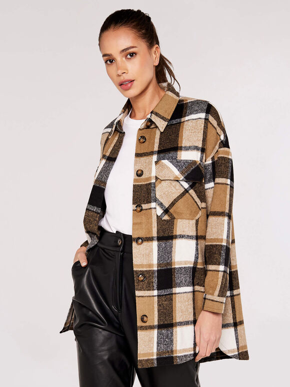Checked Oversized Shacket, Stone, large
