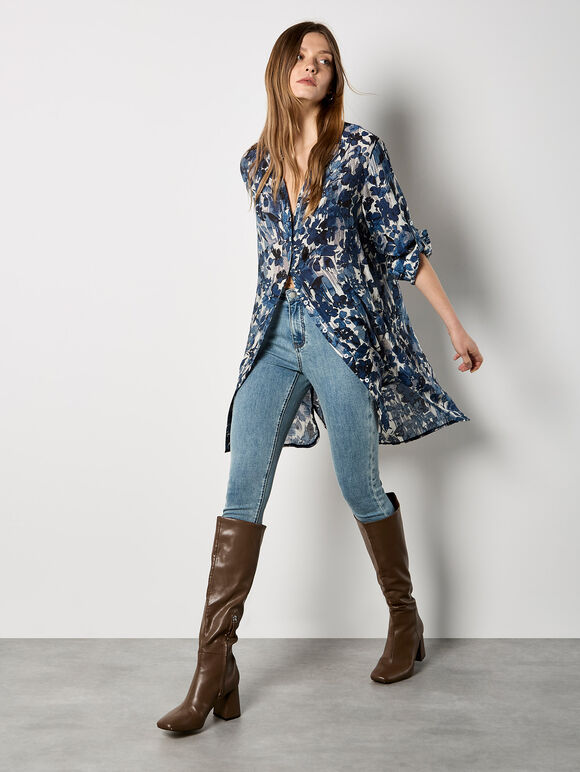 Paintbrush Floral Tunic Shirt, Navy, large