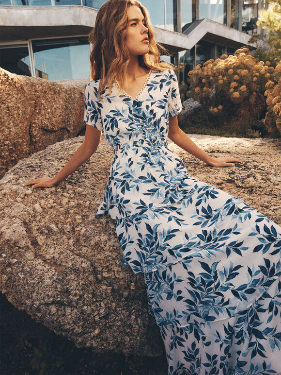 Watercolour Leaves Chiffon Tiered Maxi Dress, Blue, large