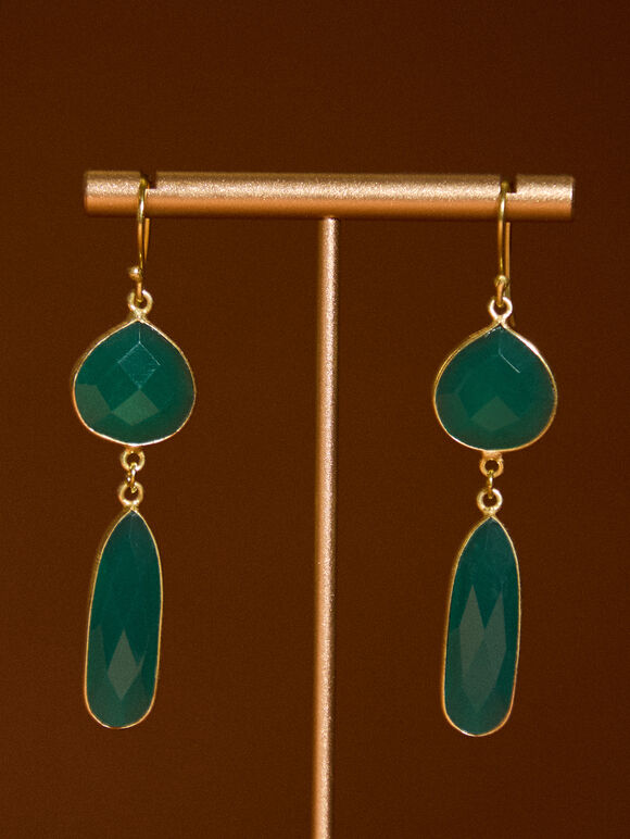 Gold Tone Green Stone Drop Earrings, Green, large
