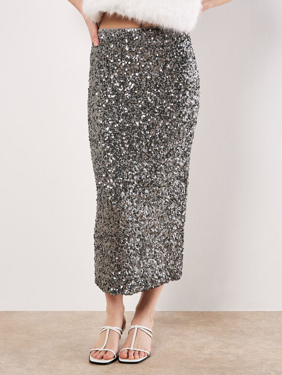 Sequin Embellished Pencil Midaxi Skirt, Grey, large