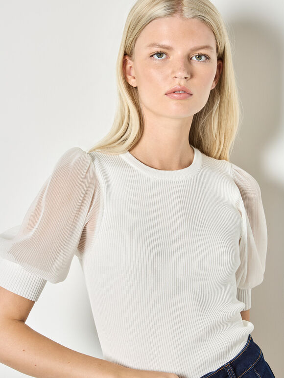 Plisse Sleeve Rib Knit Top, White, large