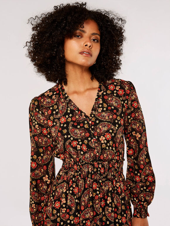 Ditsy Floral Paisley Midi Dress, Black, large