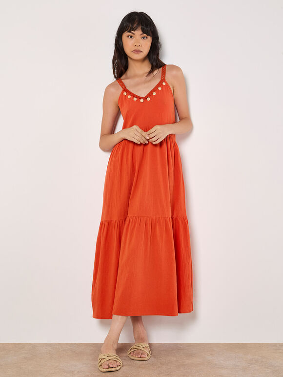 Bead Embellished Cotton Midaxi Dress, Orange, large