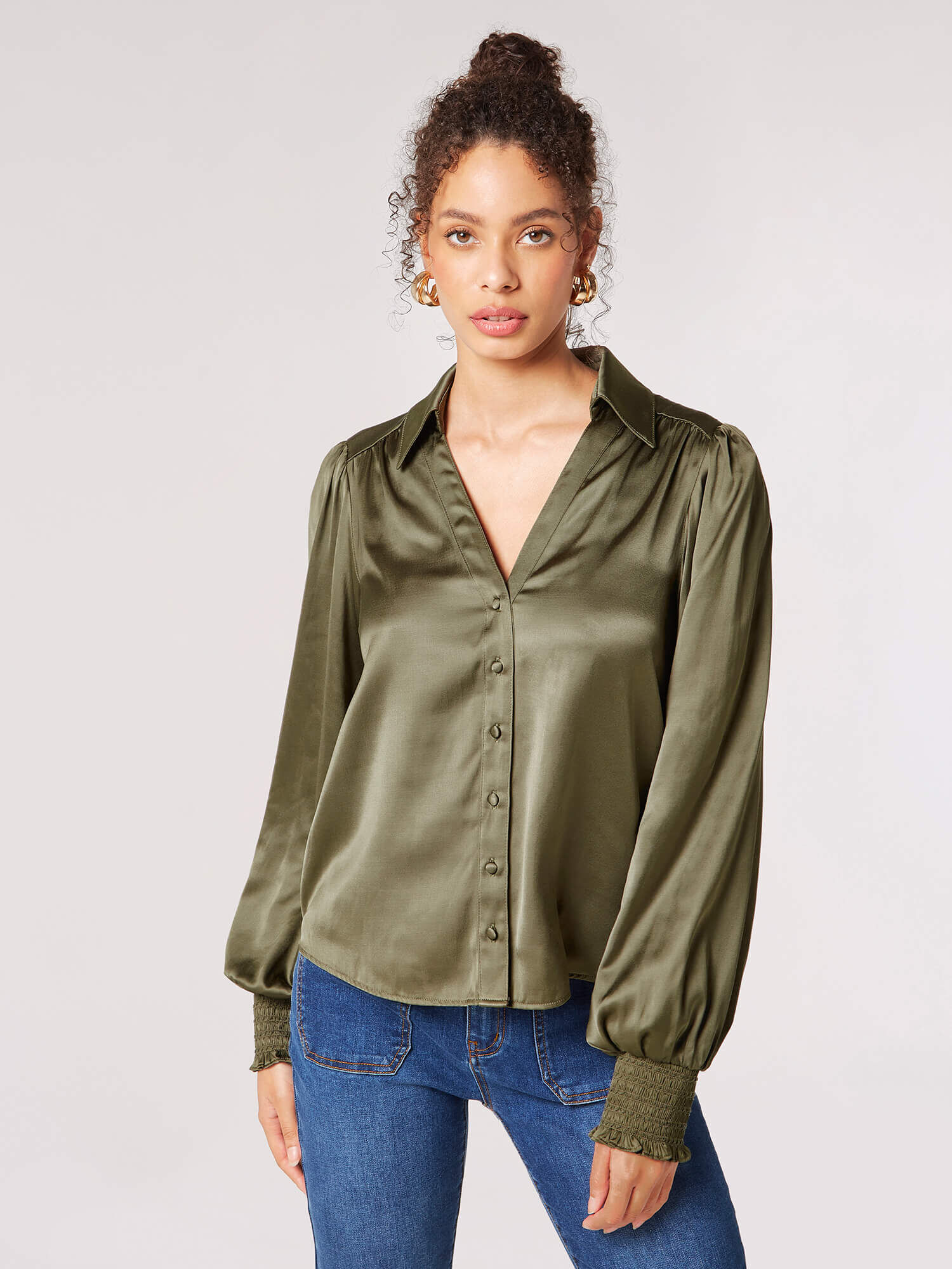 Balloon Sleeve Satin Shirt Apricot Clothing