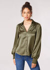 Balloon Sleeve Satin Shirt, Khaki, large