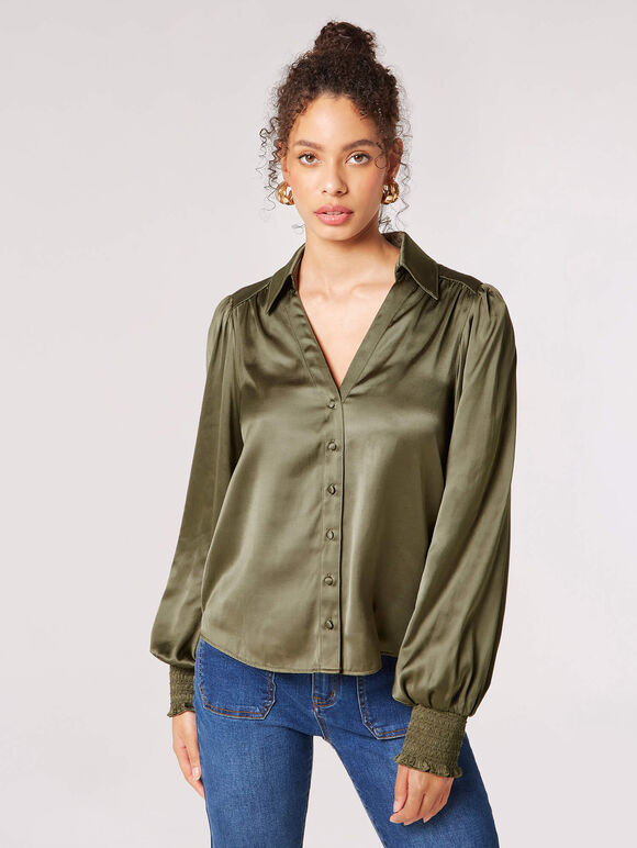 Balloon Sleeve Satin Shirt, Khaki, large