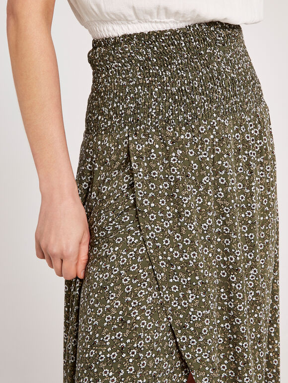 Ditsy Floral Wrap Skirt, Khaki, large