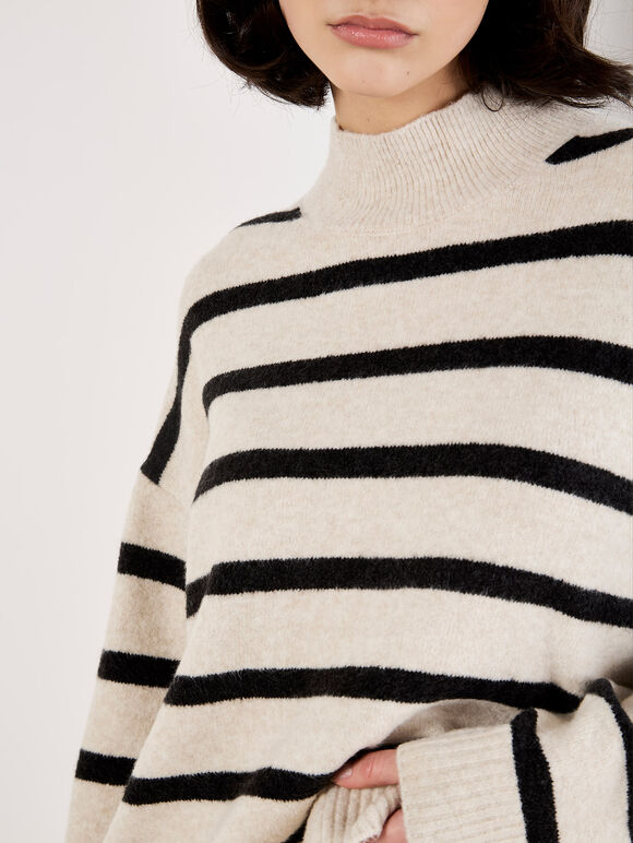 Oversized Stripe Fluffy Jumper, Stone, large