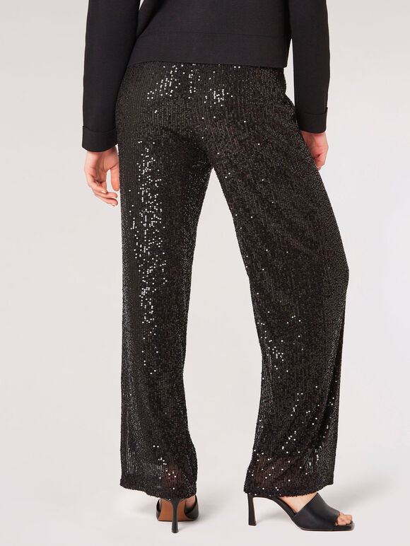 Sequin Embellished Palazzo Trousers, Black, large