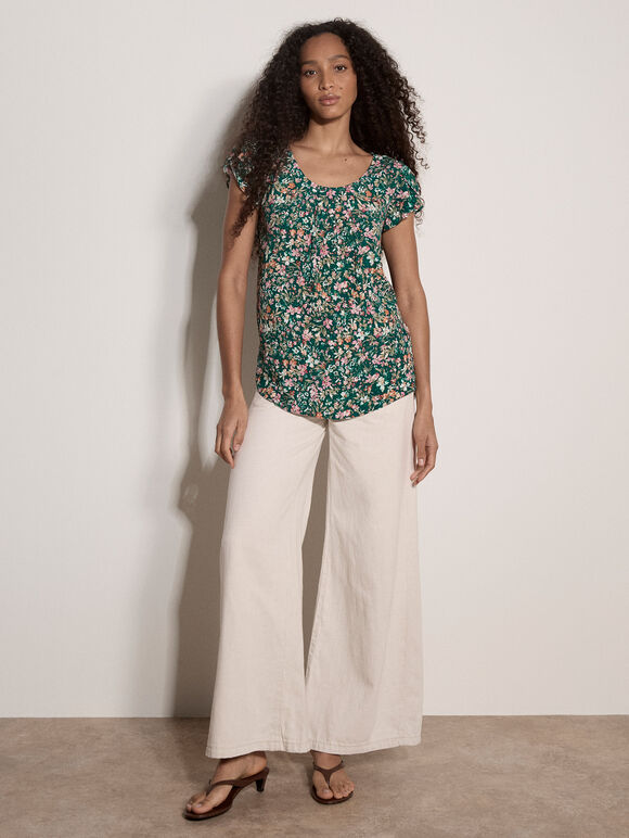 Ditsy Floral Print Top, Green, large