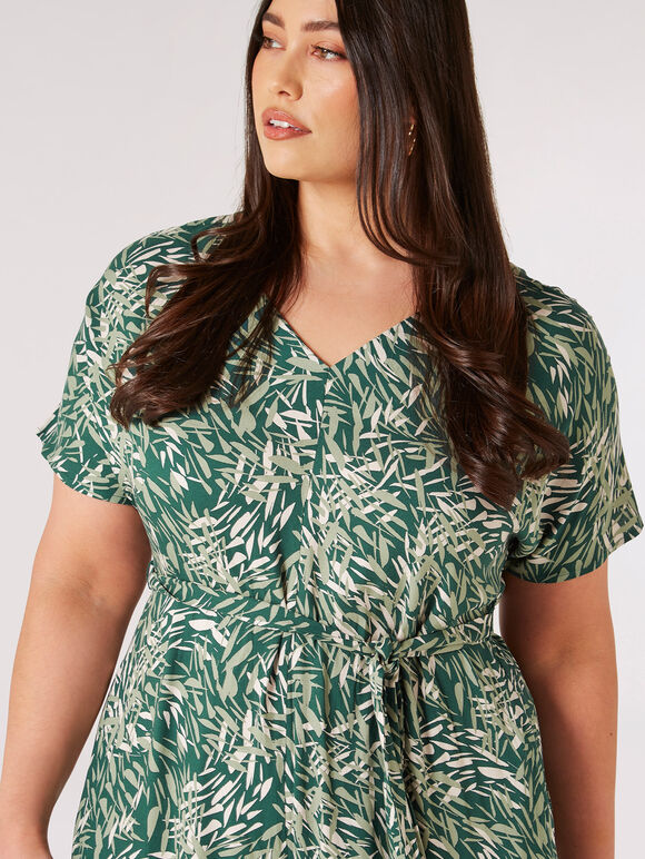 Curve Leaf Print Jumpsuit, Green, large